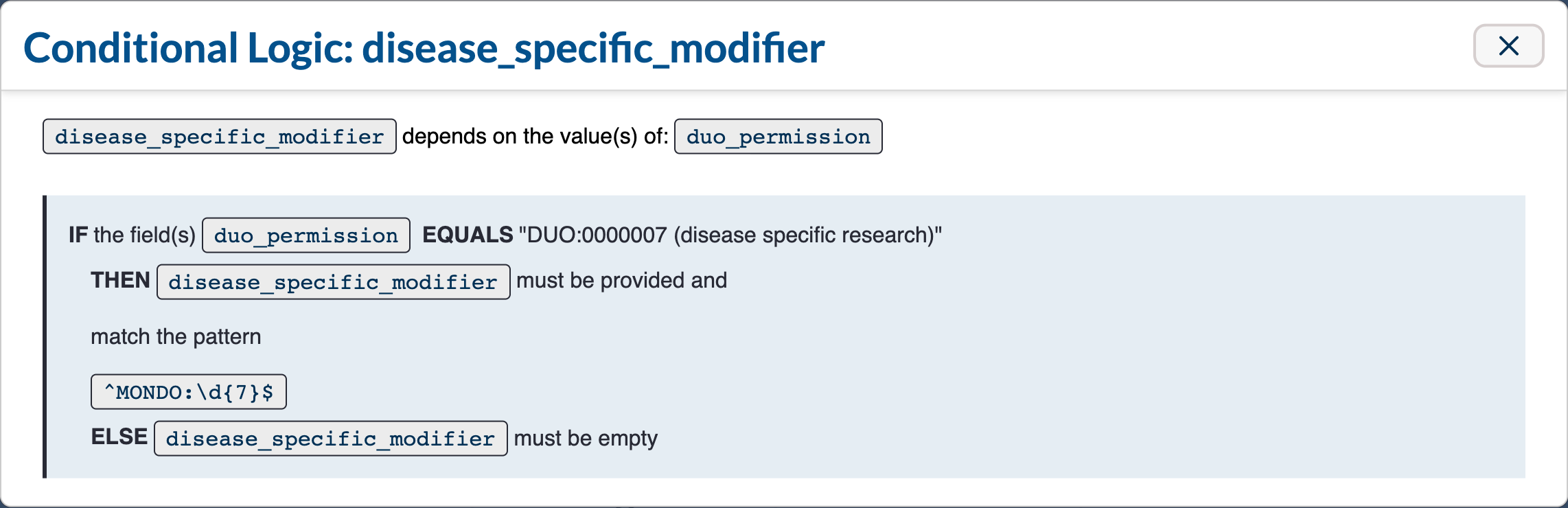Conditional logic modal for disease_specific_modifier: IF duo_permission equals DUO:0000007, THEN disease_specific_modifier must be provided and match a MONDO pattern, ELSE it must be empty